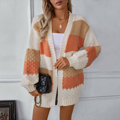 Damen Lässige Warme Gestreift Strickjacke