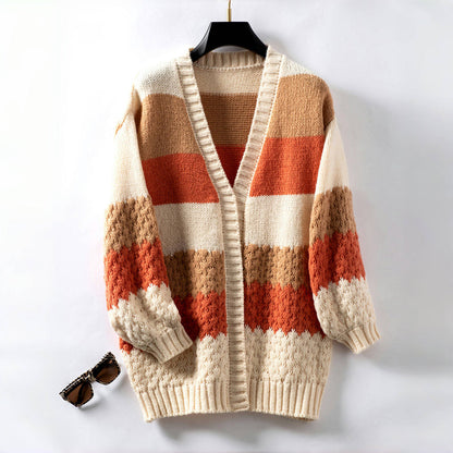 Damen Lässige Warme Gestreift Strickjacke