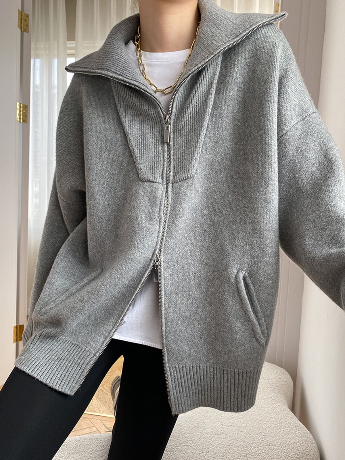 Scarlett | Damen Übergroße Kragen Strickjacke | Reißverschluss