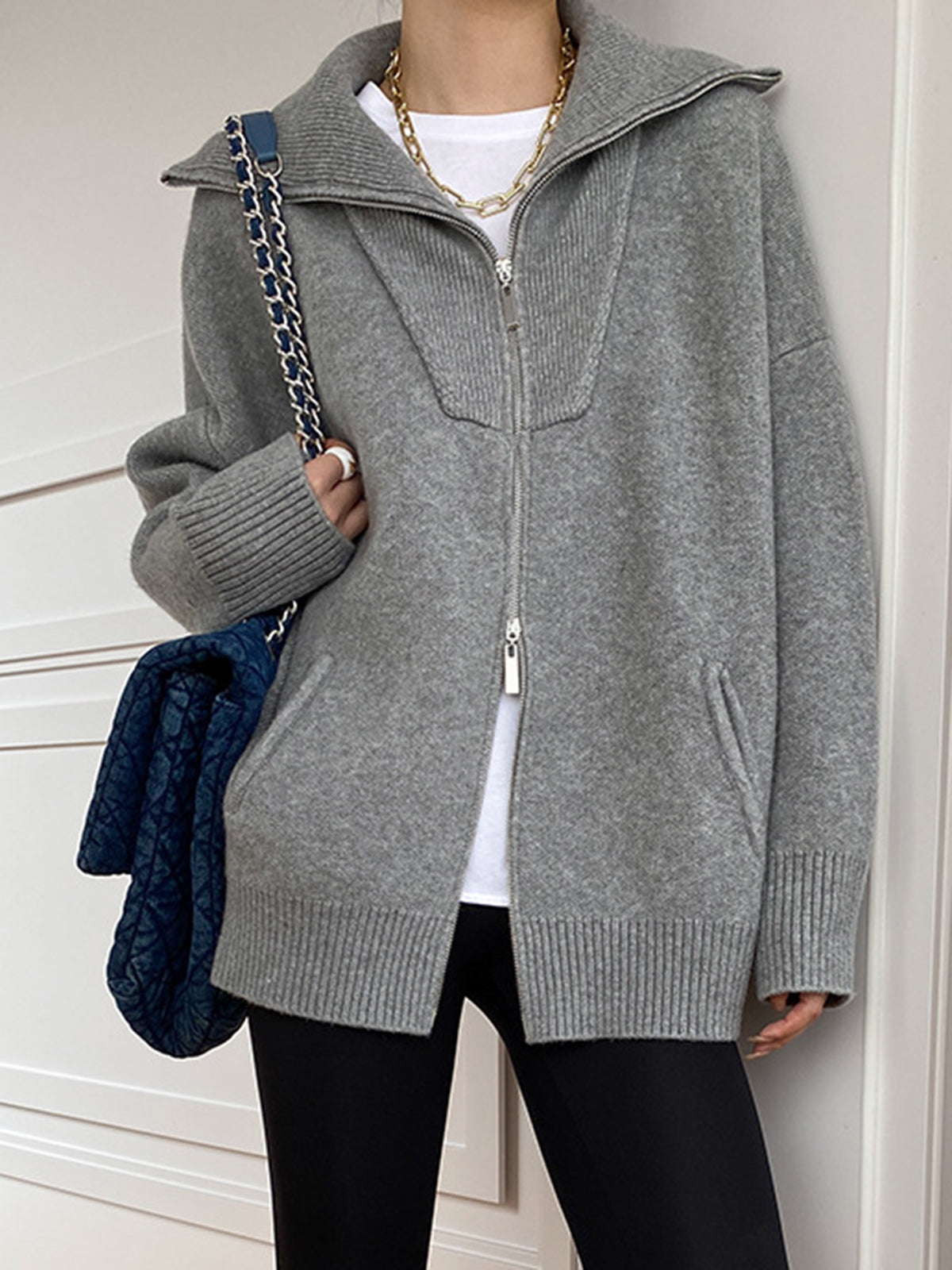 Scarlett | Damen Übergroße Kragen Strickjacke | Reißverschluss