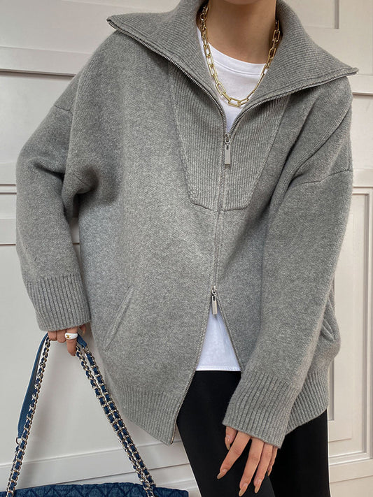 Scarlett | Damen Übergroße Kragen Strickjacke | Reißverschluss