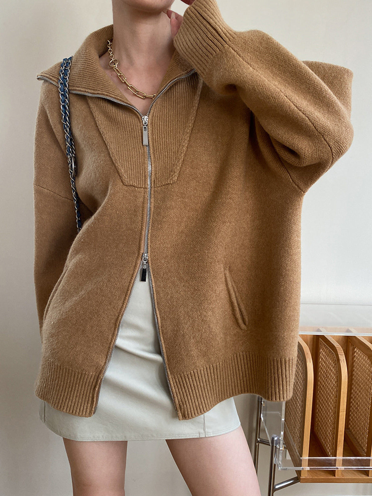 Scarlett | Damen Übergroße Kragen Strickjacke | Reißverschluss