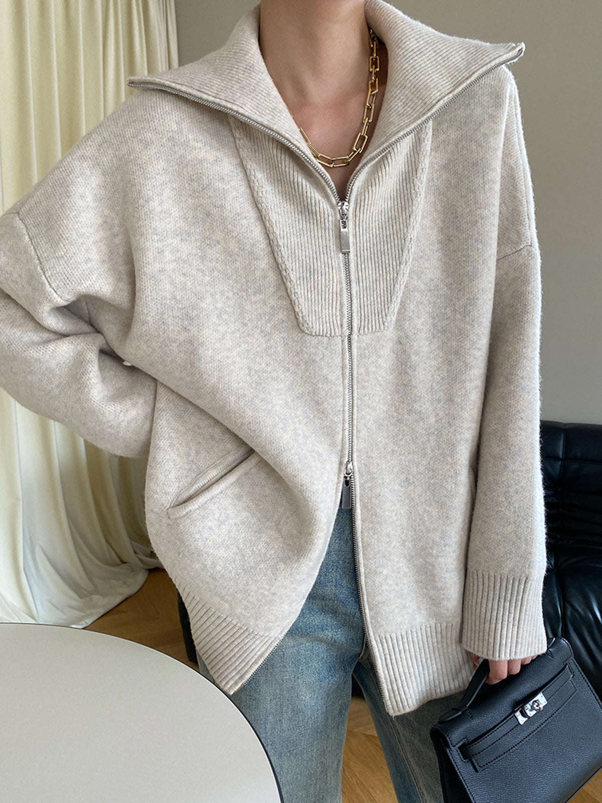 Scarlett | Damen Übergroße Kragen Strickjacke | Reißverschluss