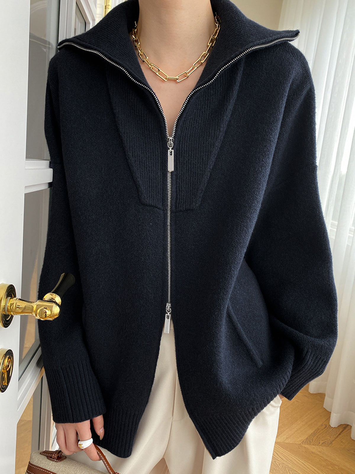 Scarlett | Damen Übergroße Kragen Strickjacke | Reißverschluss