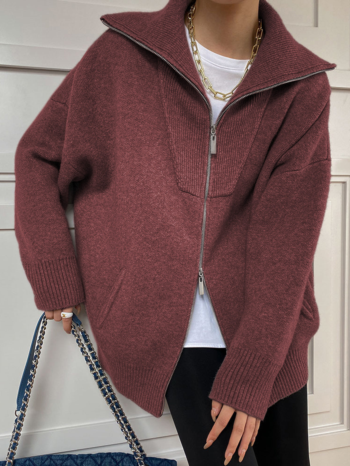 Scarlett | Damen Übergroße Kragen Strickjacke | Reißverschluss