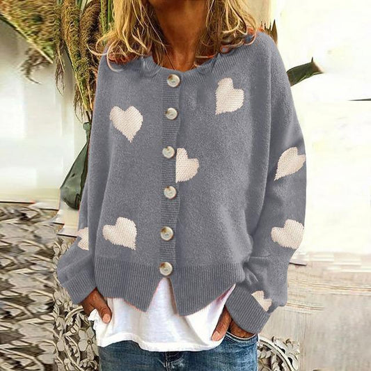 Damen Lässige Herzdruck Strickjacke Knopf Daunen