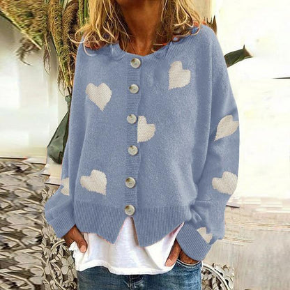 Damen Lässige Herzdruck Strickjacke Knopf Daunen