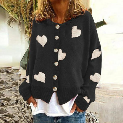 Damen Lässige Herzdruck Strickjacke Knopf Daunen