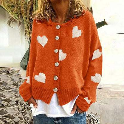 Damen Lässige Herzdruck Strickjacke Knopf Daunen