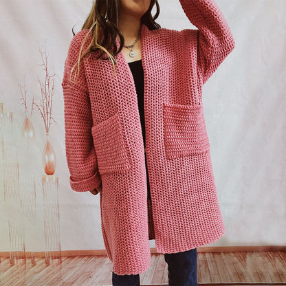 Damen Lange Winter Lässige Strickjacke