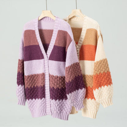 Damen Lässige Warme Gestreift Strickjacke