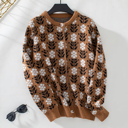 Damen Warme Blumenmuster Lässiges Strickjacke
