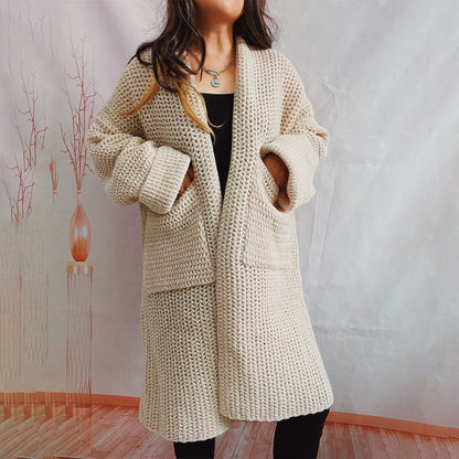 Damen Lange Winter Lässige Strickjacke