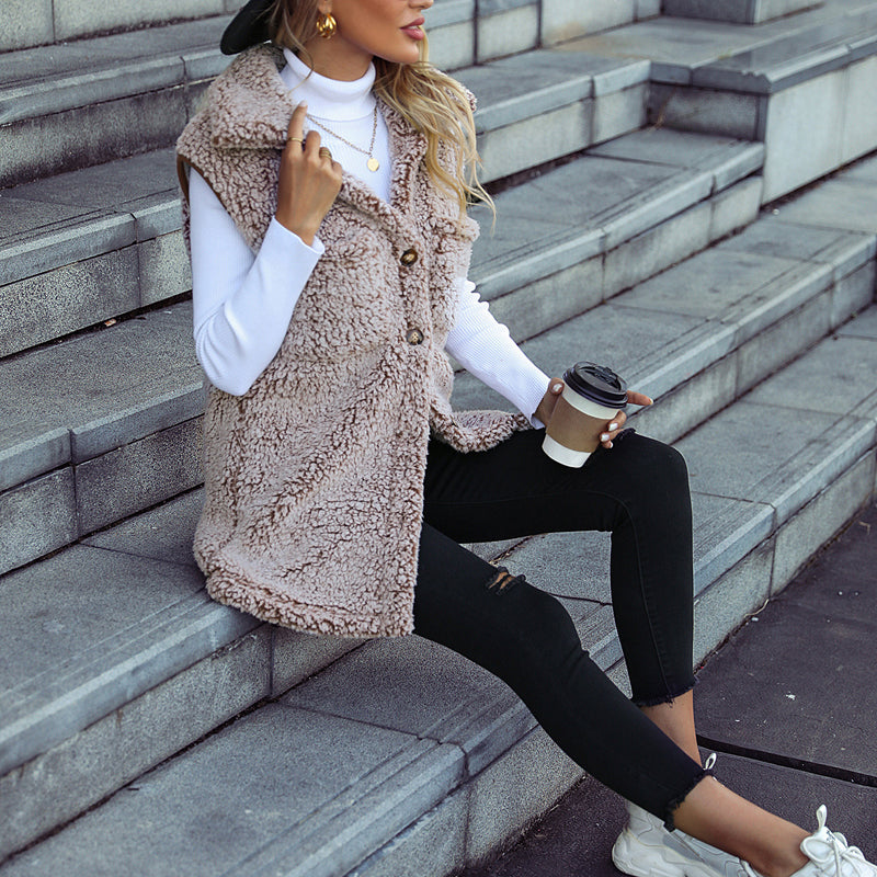 Damen Plüsch Lässig Ärmellos Strickjacke