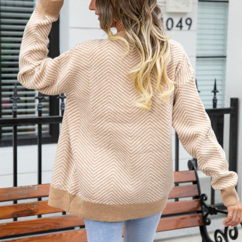 Damen Herbst Und Winter Gestreift Strickjacke