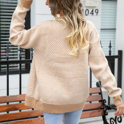 Damen Herbst Und Winter Gestreift Strickjacke