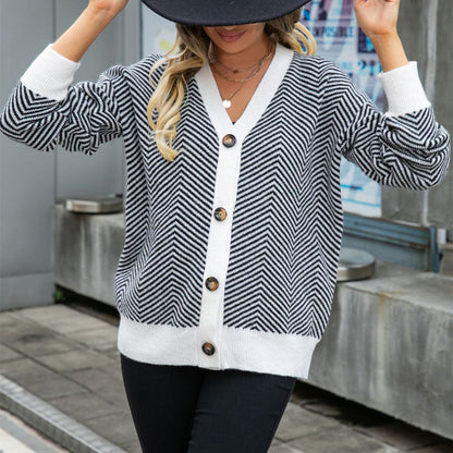 Damen Herbst Und Winter Gestreift Strickjacke