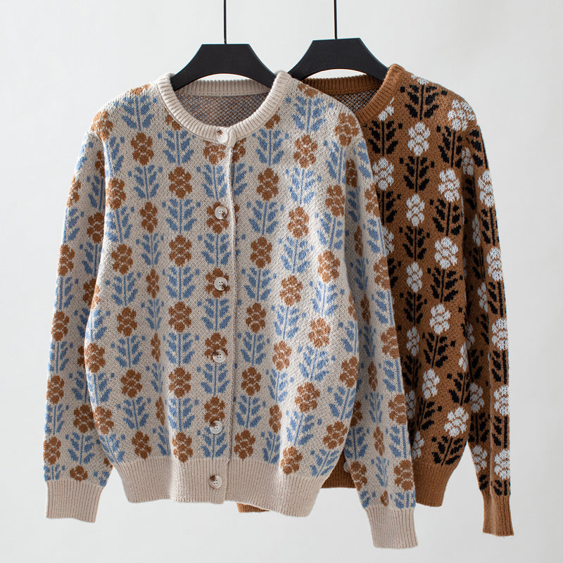 Damen Warme Blumenmuster Lässiges Strickjacke