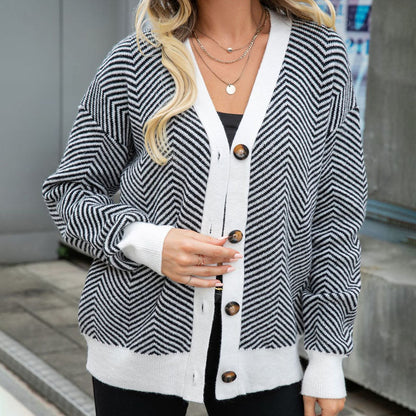 Damen Herbst Und Winter Gestreift Strickjacke
