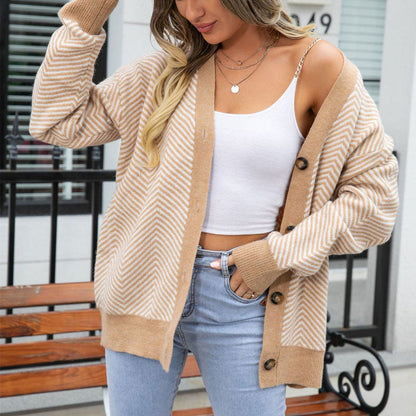 Damen Herbst Und Winter Gestreift Strickjacke