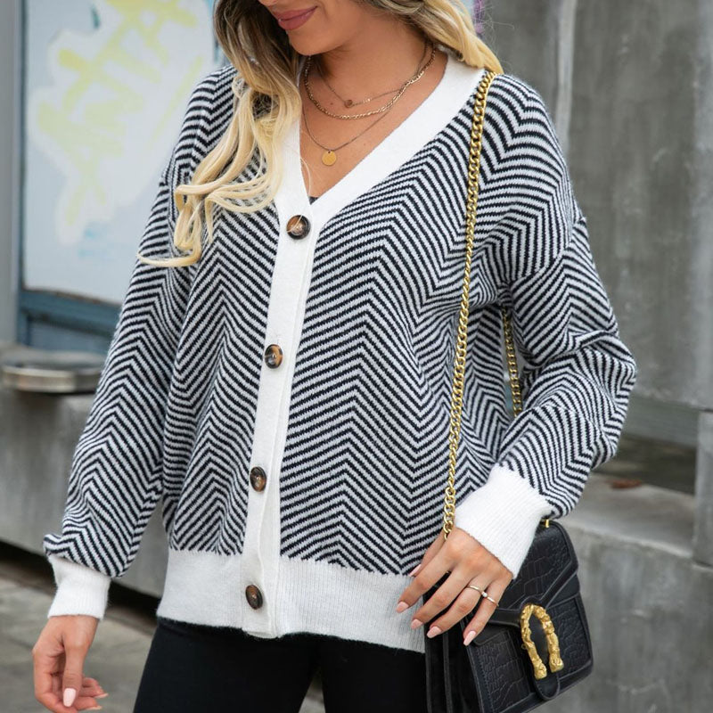 Damen Herbst Und Winter Gestreift Strickjacke