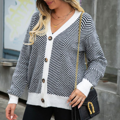 Damen Herbst Und Winter Gestreift Strickjacke