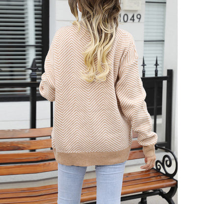 Damen Herbst Und Winter Gestreift Strickjacke