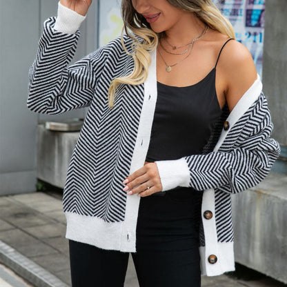 Damen Herbst Und Winter Gestreift Strickjacke