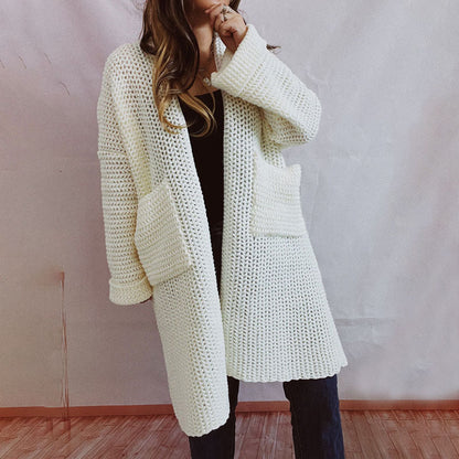 Damen Lange Winter Lässige Strickjacke