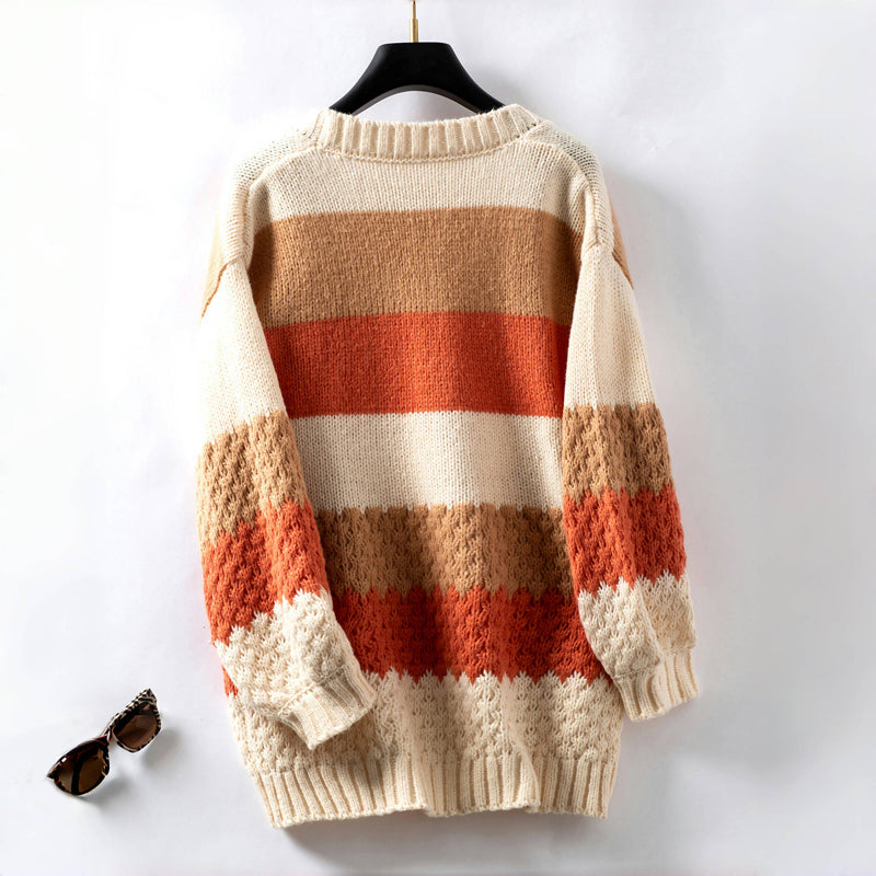 Damen Lässige Warme Gestreift Strickjacke