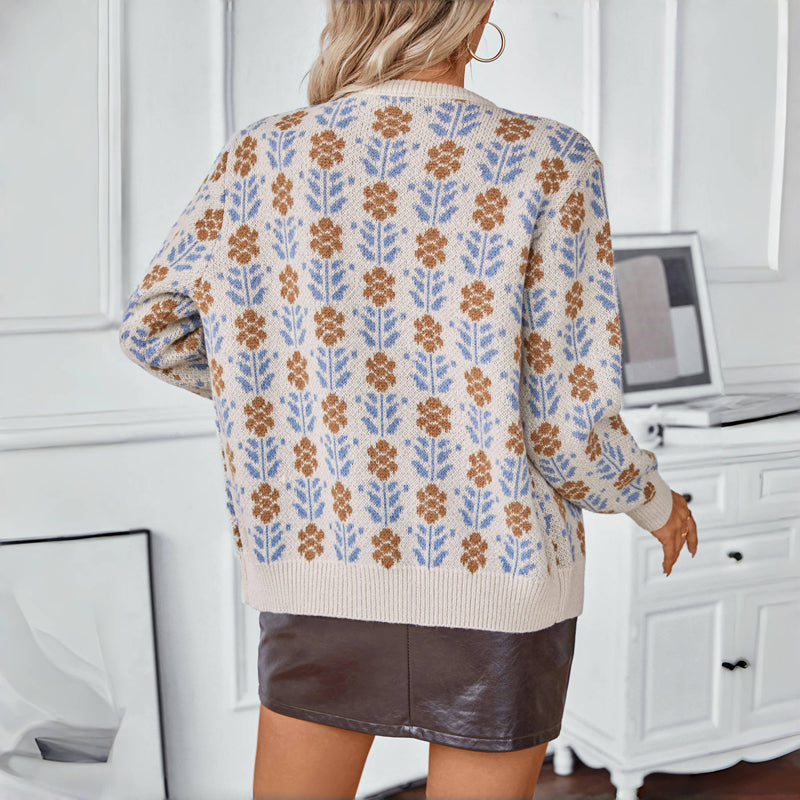 Damen Warme Blumenmuster Lässiges Strickjacke