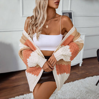 Damen Lässige Warme Gestreift Strickjacke